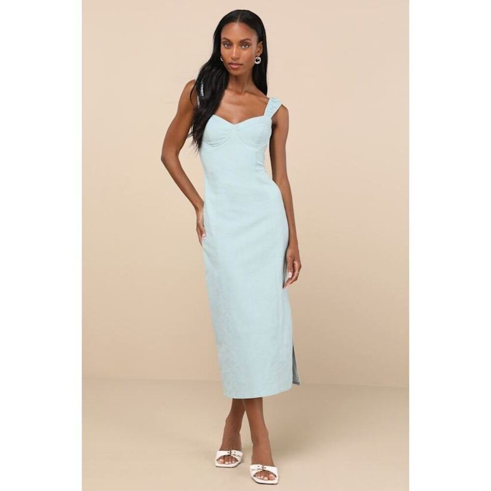 Lulus Amyra Light Blue Cap Sleeve Bustier Midi Dress - Size M